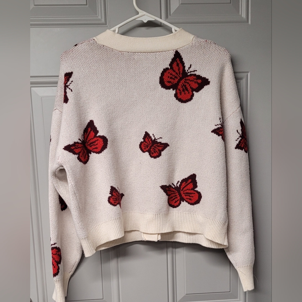 Forever 21 women's and junior's cardigan butterfly Small beige and red,  v-neck - Picture 4 of 8